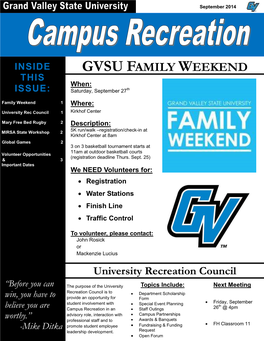 GVSU FAMILY WEEKEND THIS When: ISSUE: Saturday, September 27Th