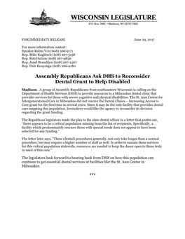 Assembly Republicans Ask DHS to Reconsider Dental Grant to Help Disabled