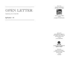 Open Letter Expresses Its Gratitude to the Ontario Arts Council OPEN LETTER Tenth Series, No