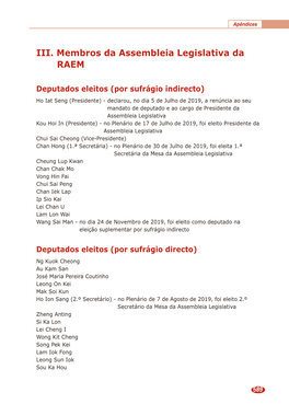 III. Membros Da Assembleia Legislativa Da RAEM