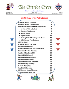 The Patriot Press Volume 23 May 2020 Issue 5 Patriot District National Capital Area Council Boy Scouts of America