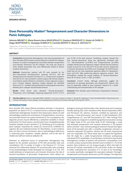 Does Personality Matter? Temperament and Character Dimensions in Panic Subtypes