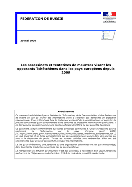Les Assassinats Et Tentatives De Meurtres Visant Les Opposants Tchétchènes Dans Les Pays Européens Depuis 2009 FEDERATION DE