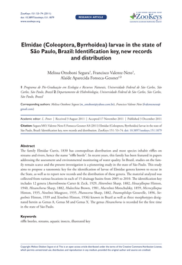 Elmidae (Coleoptera, Byrrhoidea) Larvae in the State of São Paulo, Brazil: Identification Key, New Records and Distribution