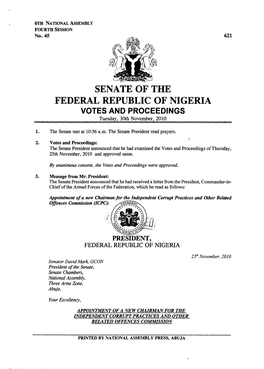 SENATE of the FEDERAL REPUBLIC of NIGERIA VOTES and PROCEEDINGS Tuesday, 30Th November, 2010