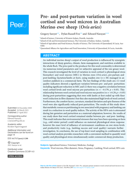 And Post-Partum Variation in Wool Cortisol and Wool Micron in Australian Merino Ewe Sheep (Ovis Aries)