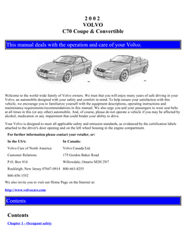 2 0 0 2 VOLVO C70 Coupe & Convertible This Manual Deals With