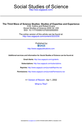 Third Wave of Science Studies: Studies of Expertise and Experience H.M