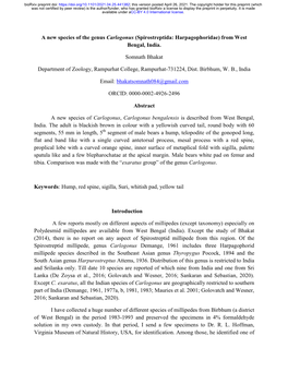 A New Species of the Genus Carlogonus (Spirostreptida: Harpagophoridae) from West Bengal, India