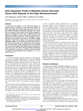 Gene Expression Profile of Metastatic Human Pancreatic Cancer Cells Depends on the Organ Microenvironment Toru Nakamura,1 Isaiah J