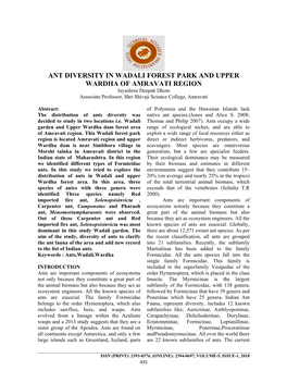 ANT DIVERSITY in WADALI FOREST PARK and UPPER WARDHA of AMRAVATI REGION Jayashree Deepak Dhote Associate Professor, Shri Shivaji Science College, Amravati