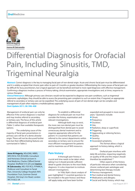 Differential Diagnosis for Orofacial Pain, Including Sinusitis, TMD, Trigeminal Neuralgia