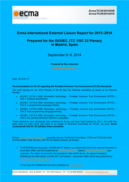Ecma International External Liaison Report for 2013-2014