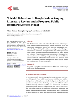 Suicidal Behaviour in Bangladesh: a Scoping Literature Review and a Proposed Public Health Prevention Model