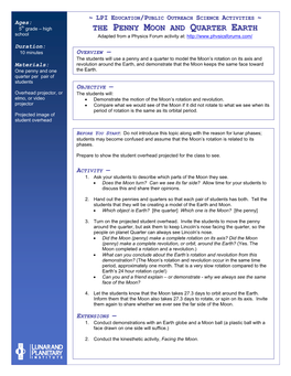 THE PENNY MOON and QUARTER EARTH School Adapted from a Physics Forum Activity At