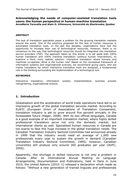 Acknowledging the Needs of Computer-Assisted Translation Tools Users: the Human Perspective in Human-Machine Translation Annemarie Taravella and Alain O