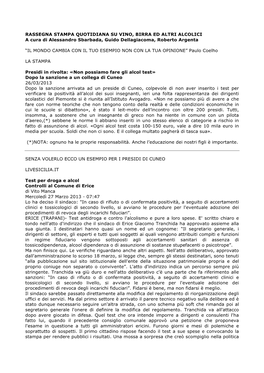 RASSEGNA STAMPA QUOTIDIANA SU VINO, BIRRA ED ALTRI ALCOLICI a Cura Di Alessandro Sbarbada, Guido Dellagiacoma, Roberto Argenta