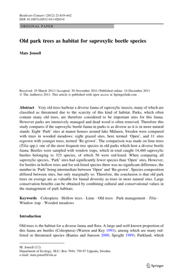Old Park Trees As Habitat for Saproxylic Beetle Species