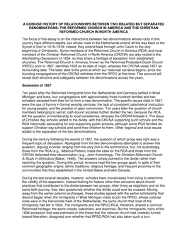 A Concise History of Relationships Between Two Related but Separated Denominations: the Reformed Church in America and the Christian Reformed Church in North America