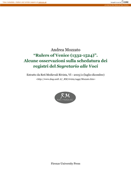 Andrea Mozzato “Rulers of Venice (1332-1524)”. Alcune Osservazioni Sulla Schedatura Dei Registri Del Segretario Alle Voci