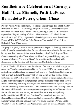 Sondheim: a Celebration at Carnegie Hall / Liza Minnelli, Patti Lupone, Bernadette Peters, Glenn Close