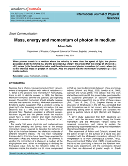 Mass, Energy and Momentum of Photon in Medium