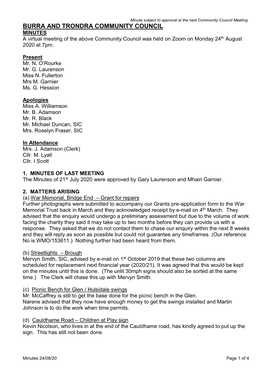 BURRA and TRONDRA COMMUNITY COUNCIL MINUTES a Virtual Meeting of the Above Community Council Was Held on Zoom on Monday 24Th August 2020 at 7Pm
