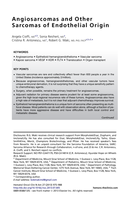 Angiosarcomas and Other Sarcomas of Endothelial Origin