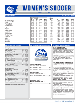 Sep. 2, 2021 ACC WOMEN's SOCCER CHAMPIONSHIP NOTING ACC WOMEN's SOCCER 2021 WEEK THREE SCHEDULE