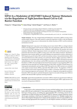 SIPA1 Is a Modulator of HGF/MET Induced Tumour Metastasis Via the Regulation of Tight Junction-Based Cell to Cell Barrier Function