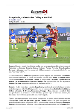Sampdoria, Chi Resta Fra Colley E Murillo? Di Claudio Nucci 10 Agosto 2021 – 15:36