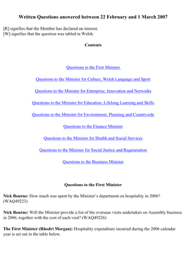 Written Questions Answered Between 22 February and 1 March 2007