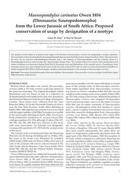 Massospondylus Carinatus Owen 1854 (Dinosauria: Sauropodomorpha) from the Lower Jurassic of South Africa: Proposed Conservation of Usage by Designation of a Neotype