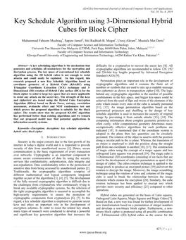 Key Schedule Algorithm Using 3-Dimensional Hybrid Cubes for Block Cipher