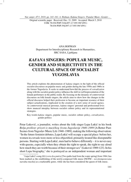 Kafana Singers: Popular Music, Gender and Subjectivity in the Cultural Space of Socialist Yugoslavia