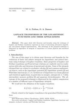 M. A. Pathan, O. A. Daman LAPLACE TRANSFORMS of the LOGARITHMIC FUNCTIONS and THEIR APPLICATIONS 1. Introduction the Aim of This