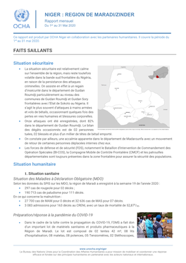 NIGER : REGION DE MARADI/ZINDER Rapport Mensuel Er Du 1 Au 31 Mai 2020