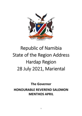 Republic of Namibia State of the Region Address Hardap Region 28 July 2021, Mariental