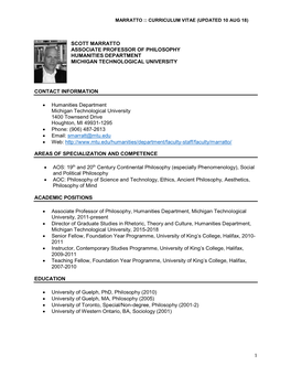 Scott Marratto Associate Professor of Philosophy Humanities Department Michigan Technological University Contact Information •