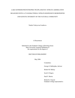 Lake Superior Phototrophic Picoplankton: Nitrate Assimilation