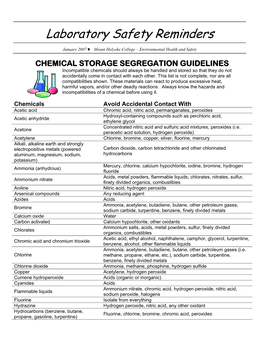 CHEMICAL STORAGE SEGREGATION GUIDELINES Incompatible Chemicals Should Always Be Handled and Stored So That They Do Not Accidentally Come in Contact with Each Other