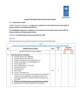 Request for Quotation on Supply of Air Conditioners for the Public Services Centers (PSC) of Khavast, Bakhmal and Dekhkanabad Districts