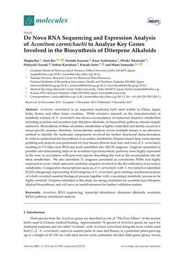 De Novo RNA Sequencing and Expression Analysis of Aconitum Carmichaelii to Analyze Key Genes Involved in the Biosynthesis of Diterpene Alkaloids