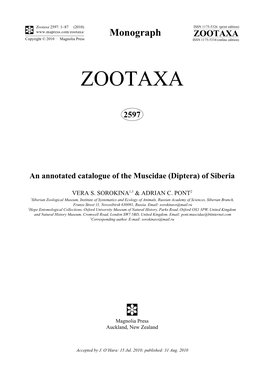 Zootaxa: an Annotated Catalogue of the Muscidae (Diptera) of Siberia