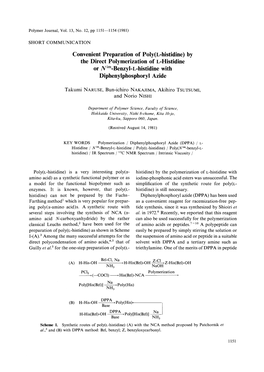 Convenient Preparation of Poly(L-Histidine) by the Direct Polymerization of L-Histidine Or Nim Benzyl-L-Histidine with Diphenylphosphoryl Azide