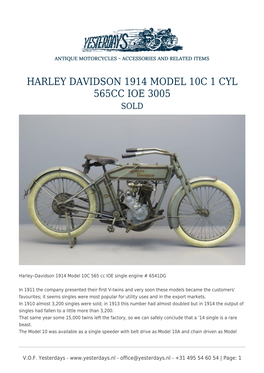 Harley Davidson 1914 Model 10C 1 Cyl 565Cc Ioe 3005 Sold