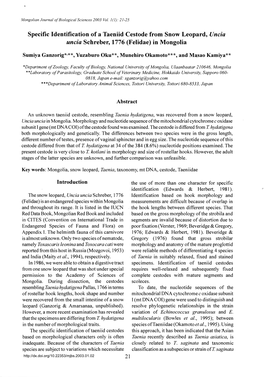 Specific Identification of a Taeniid Cestode from Snow Leopard, Uncia Uncia Schreber, 1776 (Felidae) in Mongolia