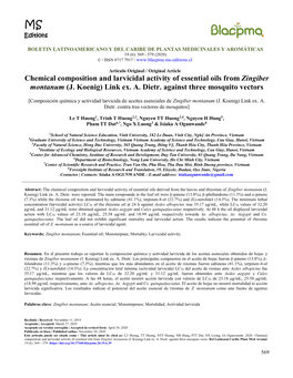 Chemical Composition and Larvicidal Activity of Essential Oils from Zingiber Montanum (J. Koenig) Link Ex. A. Dietr. Against Three Mosquito Vectors