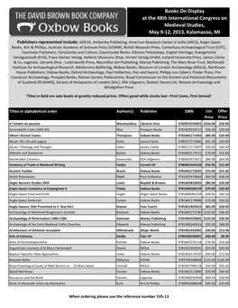 Books on Display at the 48Th International Congress on Medieval Studies, May 9-12, 2013, Kalamazoo, MI