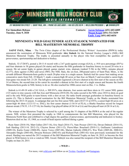 Minnesota Wild Goaltender Alex Stalock Nominated for Bill Masterton Memorial Trophy